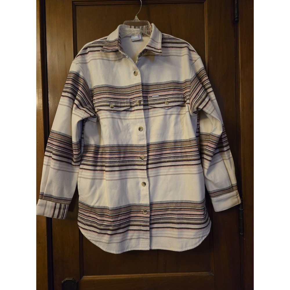 Columbia Women's Calico Basin Shirt Jacket Size Large Cream Pink Tan Heavy Soft